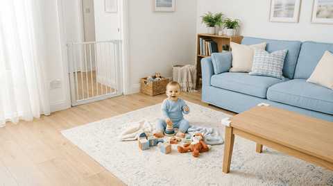 Salon sécurisé pour bébé avec cache-prises, protections | Securidou