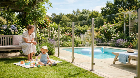 Jeune enfant jouant en sécurité sur la pelouse devant une barrière de piscine transparente