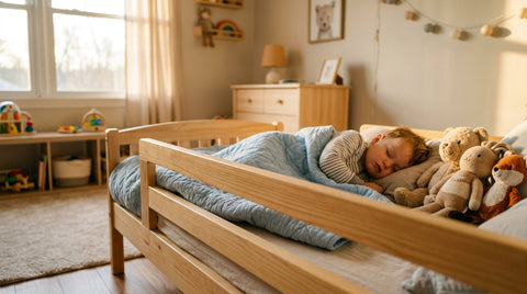 Barrière de lit bébé en bois installée sur un lit enfant avec bambin endormi sous une couverture bleu pastel | Securidou