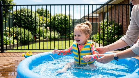 Bébé portant un maillot flotteur dans une piscine sécurisée avec barrière sous la surveillance d'un parent | Securidou