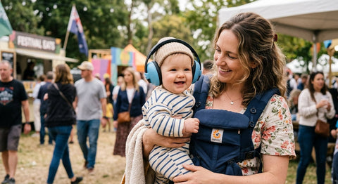 Mère et bébé souriants, l'enfant portant un casque anti-bruit, dans une foule animée en extérieur.