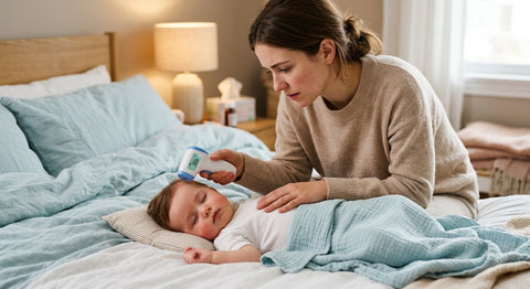Parent prenant la température de son bébé fiévreux avec un thermomètre frontal | Securidou