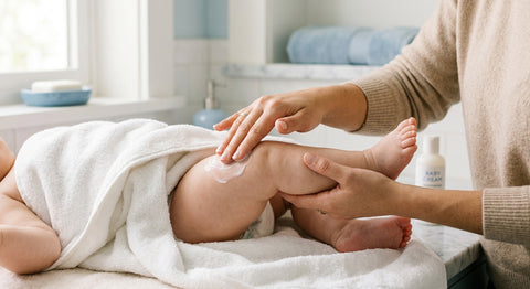 Mains de parent appliquant un emollient sur la peau de bébé apres le bain — Securidou