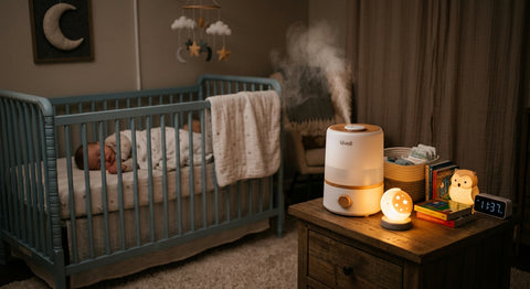 Humidificateur d air dans une chambre de bébé avec veilleuse douce