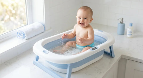 Baignoire bébé pliante avec thermomètre intégré posée dans une salle de bain claire