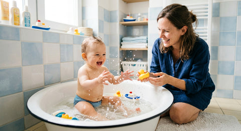 Bébé allongé sur le dos dans quelques centimètres d'eau pratiquant le bain libre Montessori en sécurité