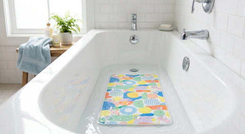 Tapis antidérapant à ventouses installé au fond d'une baignoire pour sécuriser le bain de bébé