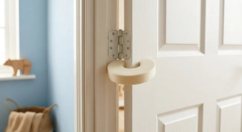 Porte d'une chambre d'enfant équipée d'un bloque-porte en mousse pour éviter les doigts coincés