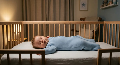 Bébé endormi paisiblement sur le dos dans son lit, en gigoteuse, dans une chambre tamisée