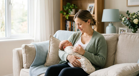 Jeune mère souriante, vêtue de vert, tenant son nouveau-né endormi sur un canapé beige.
