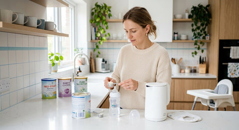 Parent preparant un biberon de lait infantile sur un plan de travail — Securidou
