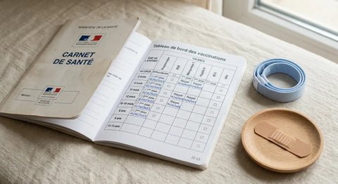 Carnet de santé de bébé ouvert sur la page du calendrier vaccinal officiel France 2026