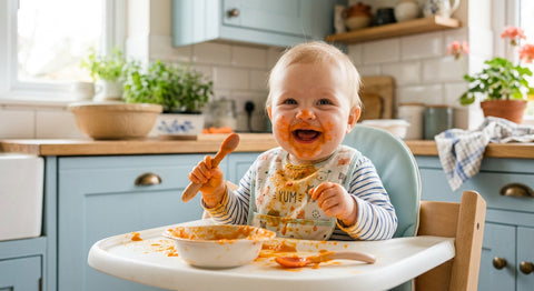 Bébé de 6 mois decouvrant sa premiere puree de carotte en chaise haute