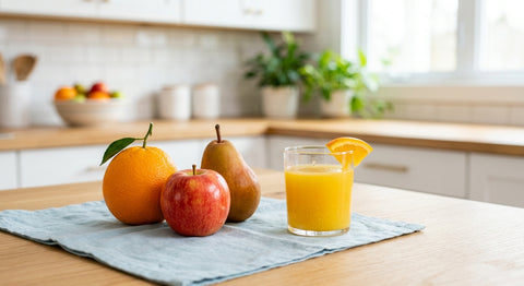 Fruits entiers a cote d un verre de jus pour montrer la difference