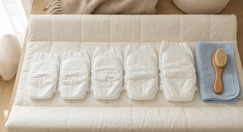 Couches bébé propres alignées de la plus petite à la plus grande taille sur une table à langer