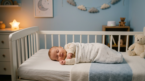Bébé endormi paisiblement dans son berceau avec une veilleuse bruit blanc à distance de sécurité | Securidou