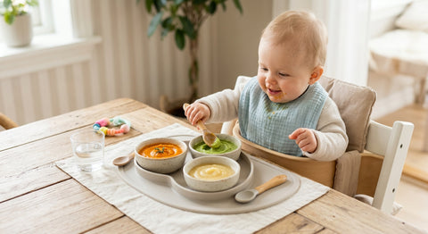 Plateau repas diversification bébé 6 mois avec purees colorees