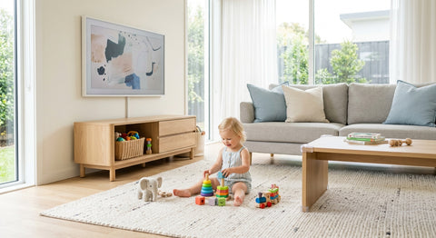 Salon sécurisé pour bébé avec tele fixee au mur et coins de table proteges