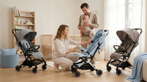 Famille avec bébé, comparant trois poussettes légères dans une chambre lumineuse.
