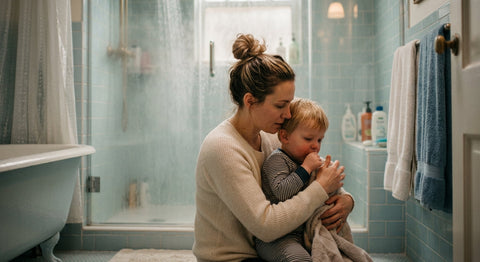 Parent reconfortant un bébé toussant dans une salle de bain avec vapeur | Securidou