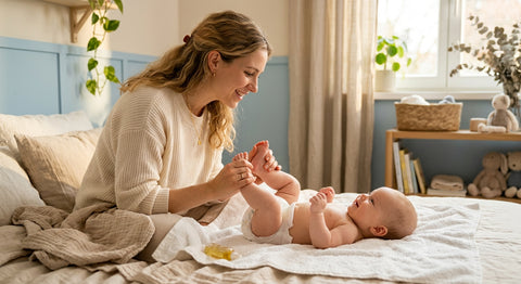 Mere massant les pieds de son bébé lors d une seance de massage — Securidou