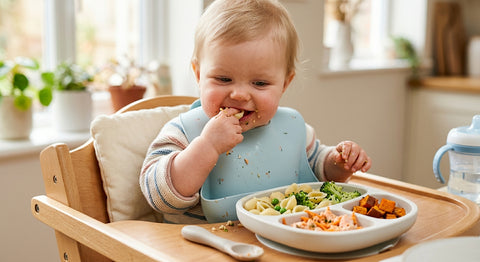 Assiette bébé 10 mois avec petits morceaux de legumes et proteines