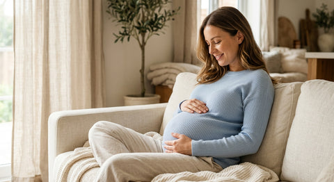 Femme enceinte tenant son ventre en sentant les mouvements du bébé