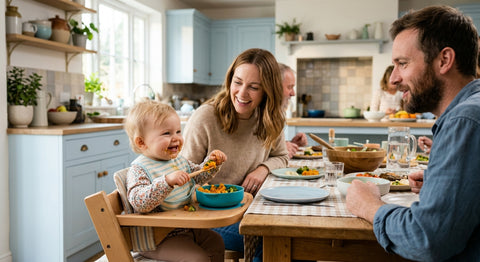 Bébé de 12 mois souriant, mangeant en famille à table dans une cuisine lumineuse.