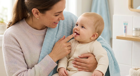 Parent appliquant un gel buccal avec son doigt dans la bouche de bébé