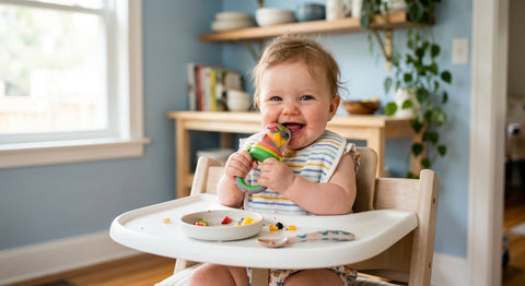 Bébé de 8 mois tenant une grignoteuse en silicone remplie de fruits frais | Securidou