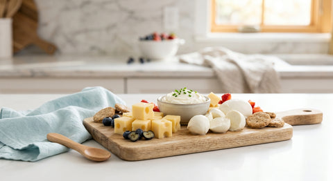 Assortiment de fromages pasteurisés adaptés pour bébé dès 6 mois sur une planche en bois