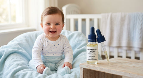 Flacon de gouttes de vitamine D avec une pipette a cote d un bébé