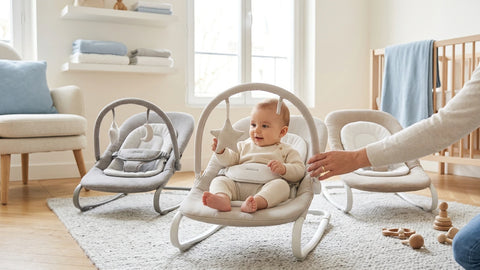 Bébé souriant dans un transat beige, main d'adulte, 2 autres transats, jouets en bois.