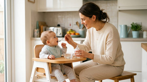 Maman souriante nourrit son bébé en bavoir dans une chaise haute, avec un bol d'eau et un biberon.
