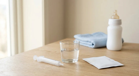 Seringue doseuse et verre d'eau préparés pour la réhydratation d'un bébé atteint de gastro-entérite