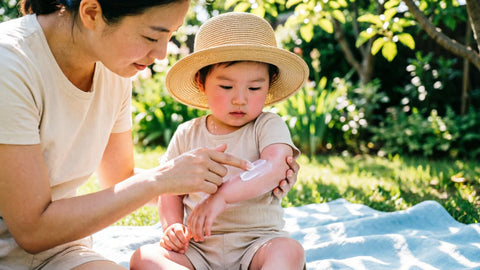 Parent appliquant de la crème solaire sur le bras de son bébé portant un chapeau à large bord | Securidou