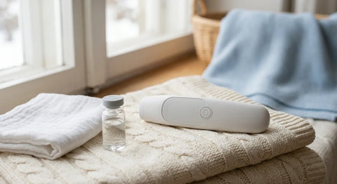 Thermomètre frontal et sérum physiologique préparés pour soigner un bébé grippé à la maison