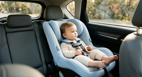 Siège auto bébé installé dos à la route avec Isofix dans une voiture, norme i-Size R129