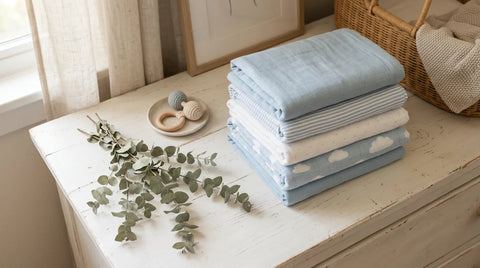 Collection de langes en mousseline de coton pliés avec soin sur une commode de nurserie | Securidou
