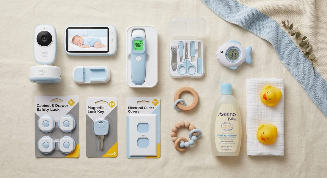Essentiels sécurité bébé: moniteur, thermomètre, kit manucure, loquets, cache-prises, jouets, shampoing.
