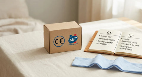 Étiquette produit bébé affichant les logos CE et NF de certification européenne et française