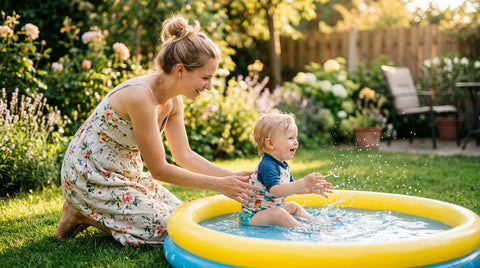 Mère et bébé rieurs jouant dans une petite piscine gonflable dans un jardin ensoleillé.