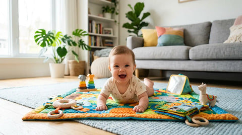 Bébé allongé sur le ventre sur un tapis d éveil coloré pratiquant le tummy time | Securidou