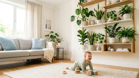 Plantes d interieur placees en hauteur hors de portee de bébé dans un salon sécurisé | Securidou