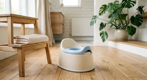 Pot pour bébé bleu pastel posé dans une salle de bain lumineuse, avec serviette et marchepied