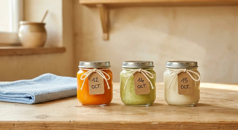 Pots en verre de purée bébé maison congelés alignés avec étiquettes de date de conservation