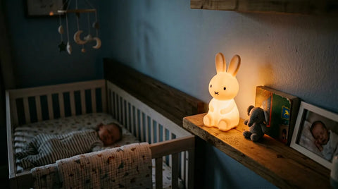 Veilleuse douce diffusant une lumiere chaude orangee dans la chambre de bébé la nuit | Securidou