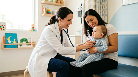 Pédiatre auscultant un nourrisson avec un stéthoscope pendant une consultation médicale | Securidou