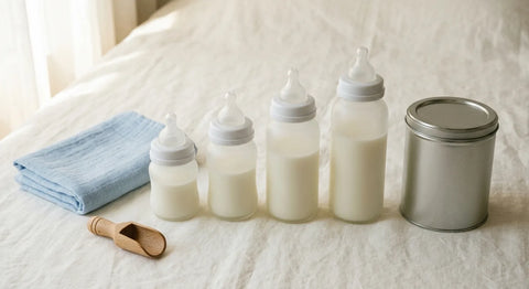 Biberons de lait alignés du plus petit au plus grand sur une table, avec boîte de lait et mesurette