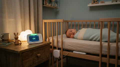 Moniteur respiratoire pour bébé placé sous le matelas du berceau dans une chambre de nuit | Securidou